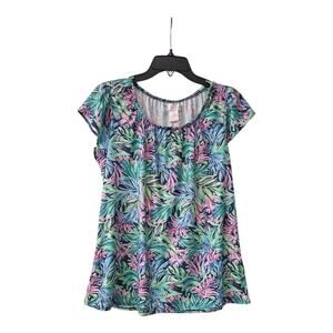 Stella Parker Collection Womens M Top Floral Elastic Neck Stretch Cap Sleeves